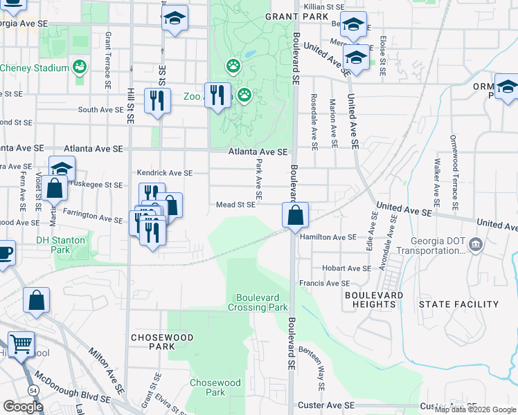 map of restaurants, bars, coffee shops, grocery stores, and more near 515 Mead Street Southeast in Atlanta