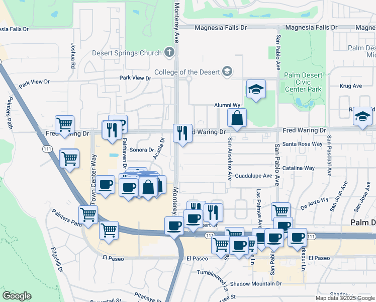 map of restaurants, bars, coffee shops, grocery stores, and more near 73058 San Nicholas Avenue in Palm Desert