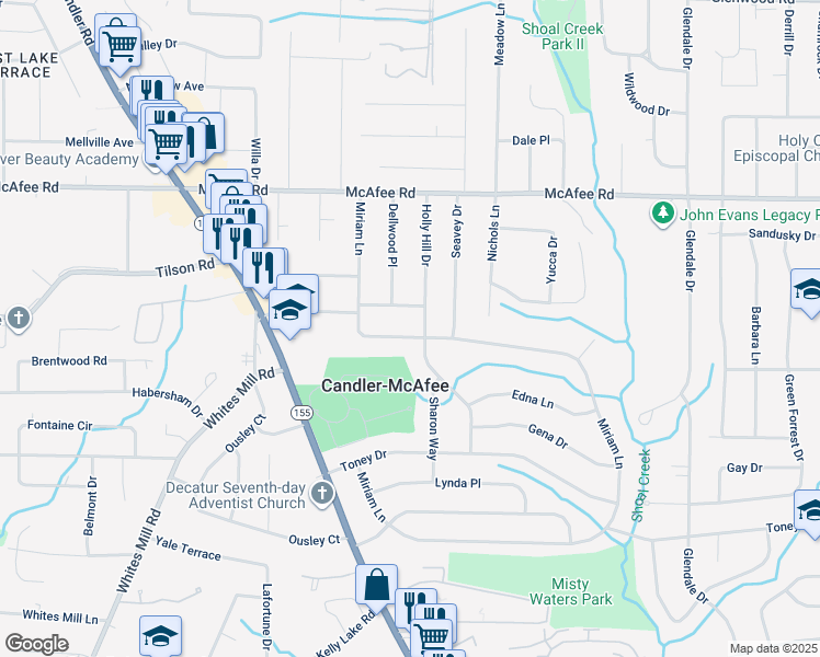 map of restaurants, bars, coffee shops, grocery stores, and more near 2198 Miriam Lane in Decatur