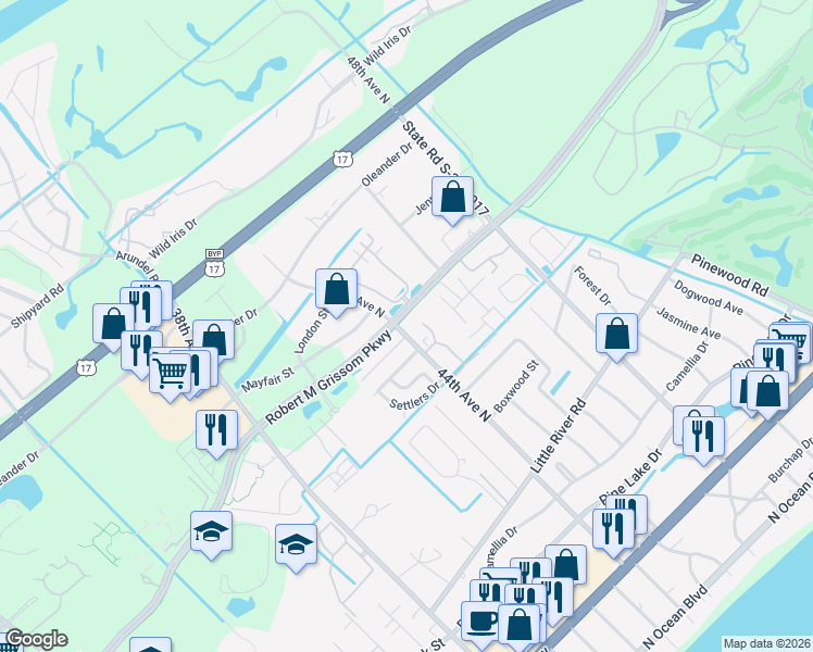 map of restaurants, bars, coffee shops, grocery stores, and more near 1528 Saint Thomas Circle in Myrtle Beach