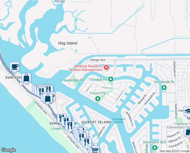 map of restaurants, bars, coffee shops, grocery stores, and more near 3441 Sagamore Drive in Huntington Beach