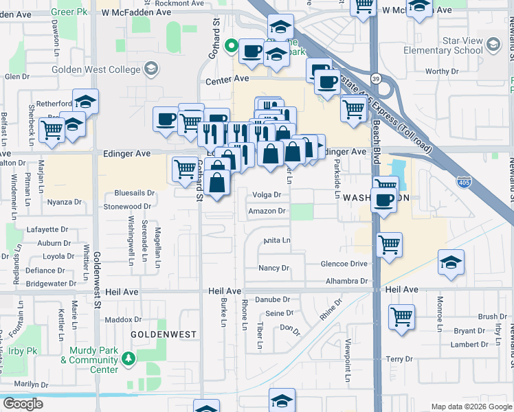 map of restaurants, bars, coffee shops, grocery stores, and more near 7602 Volga Drive in Huntington Beach