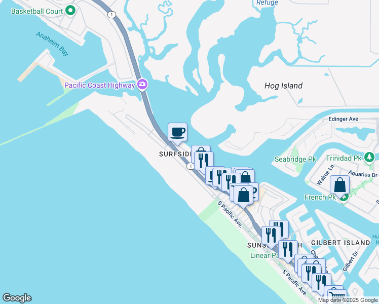 map of restaurants, bars, coffee shops, grocery stores, and more near in Huntington Beach