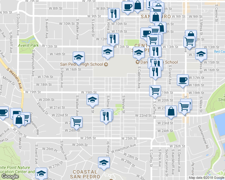 map of restaurants, bars, coffee shops, grocery stores, and more near 1817 South Alma Street in Los Angeles