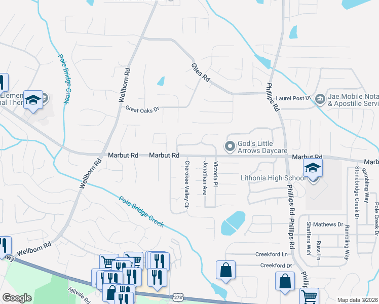map of restaurants, bars, coffee shops, grocery stores, and more near 6101 Raintree Bend in Lithonia