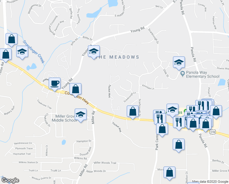 map of restaurants, bars, coffee shops, grocery stores, and more near 2122 Scarbrough Road in Stone Mountain