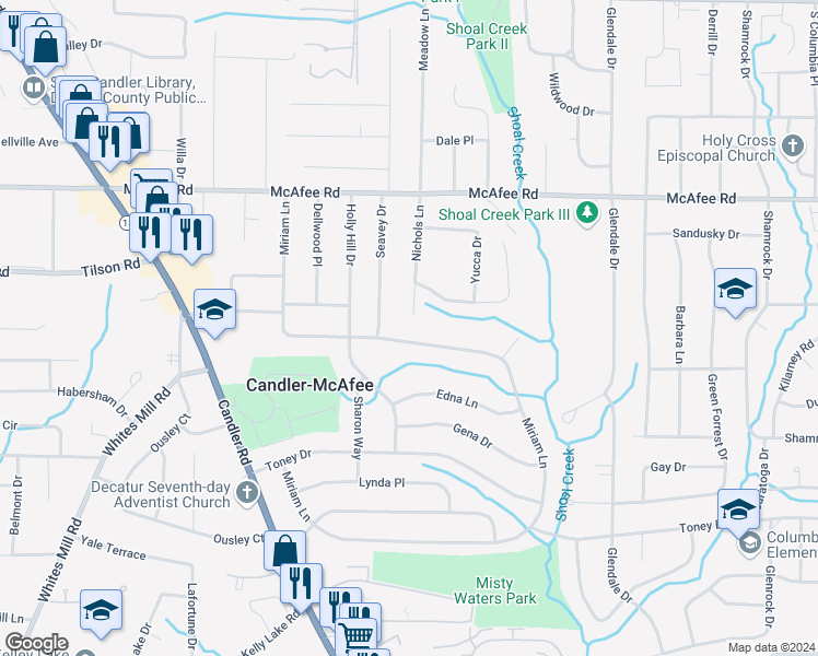 map of restaurants, bars, coffee shops, grocery stores, and more near 2127 Nichols Lane in Decatur