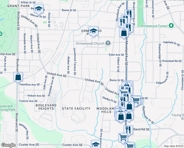 map of restaurants, bars, coffee shops, grocery stores, and more near 988 Alloway Place Southeast in Atlanta