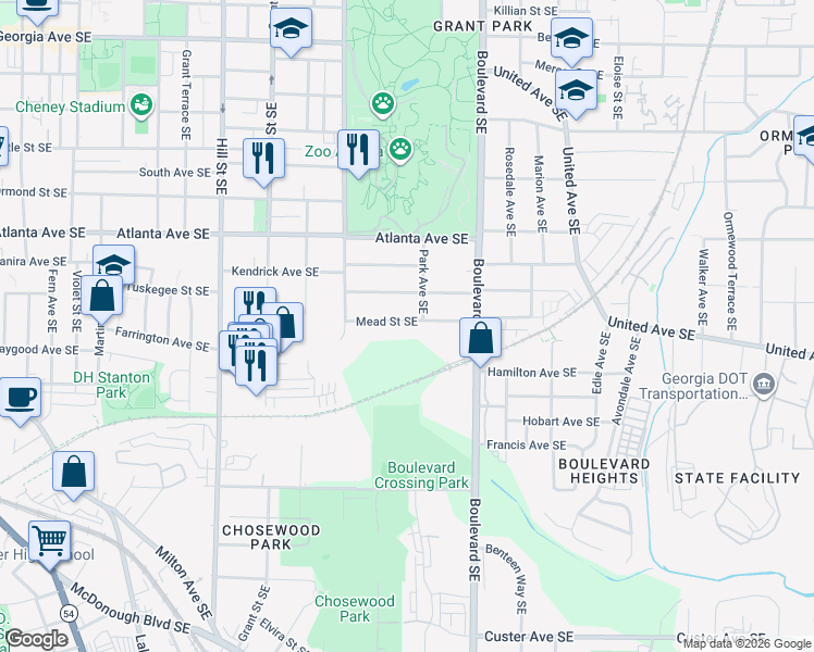 map of restaurants, bars, coffee shops, grocery stores, and more near 515 Mead Street Southeast in Atlanta