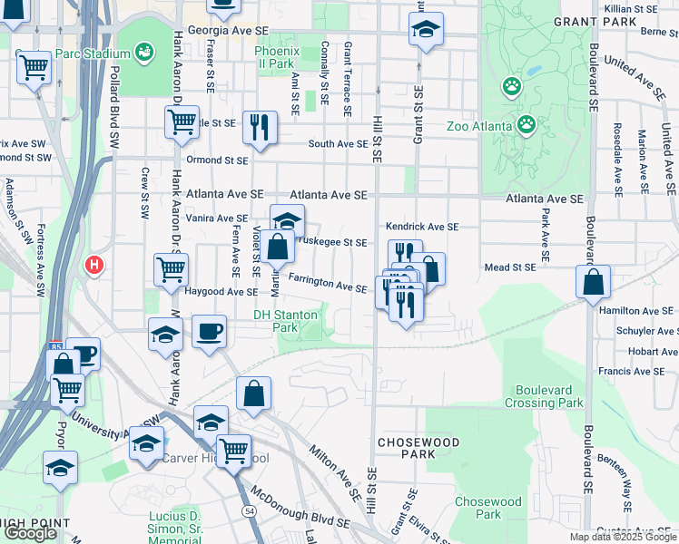 map of restaurants, bars, coffee shops, grocery stores, and more near 996 Farrington Place Southeast in Atlanta