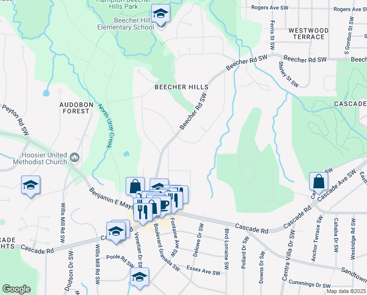 map of restaurants, bars, coffee shops, grocery stores, and more near 2248 Highview Road Southwest in Atlanta