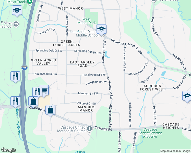 map of restaurants, bars, coffee shops, grocery stores, and more near 3120 Hazelwood Drive Southwest in Atlanta