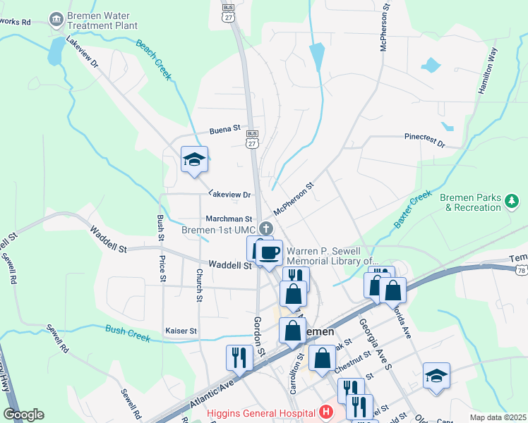 map of restaurants, bars, coffee shops, grocery stores, and more near 400 Georgia 1 Business in Bremen