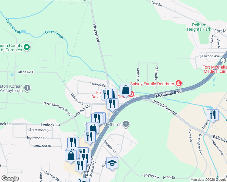map of restaurants, bars, coffee shops, grocery stores, and more near 6015 Weaver Road in Anniston