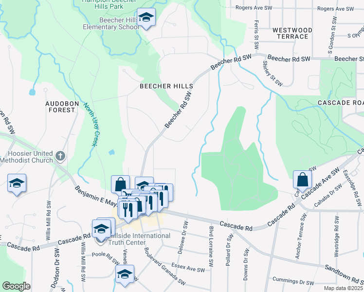 map of restaurants, bars, coffee shops, grocery stores, and more near 2208 Highview Road Southwest in Atlanta