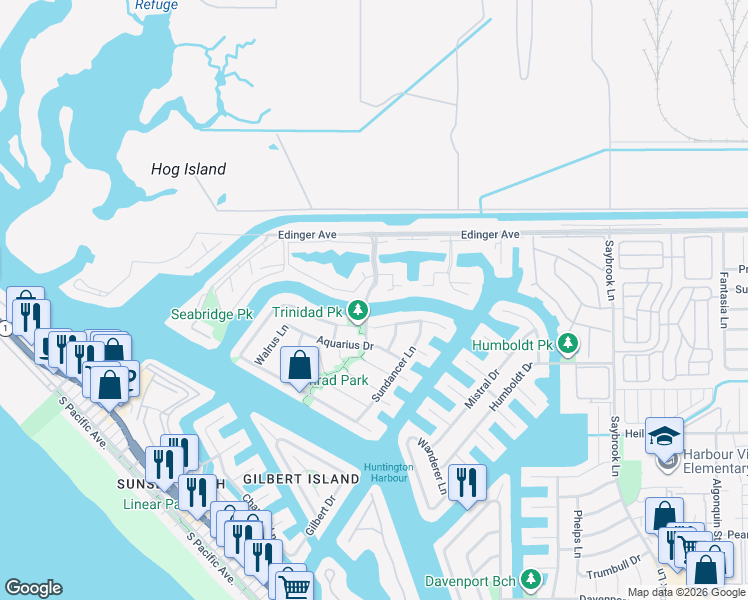 map of restaurants, bars, coffee shops, grocery stores, and more near 16166 Tortola Circle in Huntington Beach