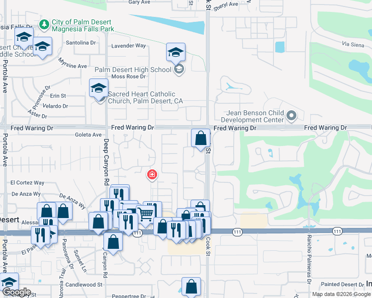 map of restaurants, bars, coffee shops, grocery stores, and more near 44130 Tahoe Circle in Indian Wells