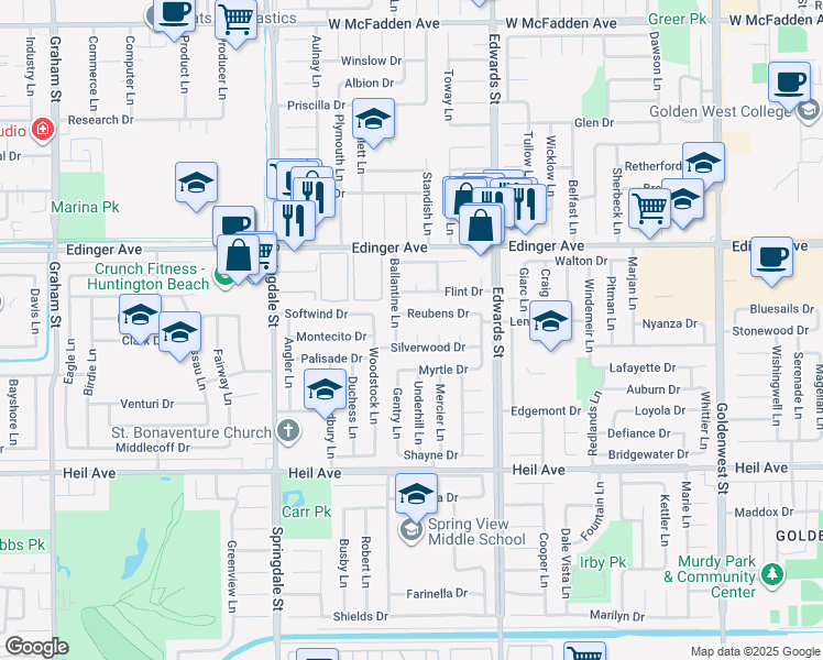 map of restaurants, bars, coffee shops, grocery stores, and more near 16171 Brent Circle in Huntington Beach