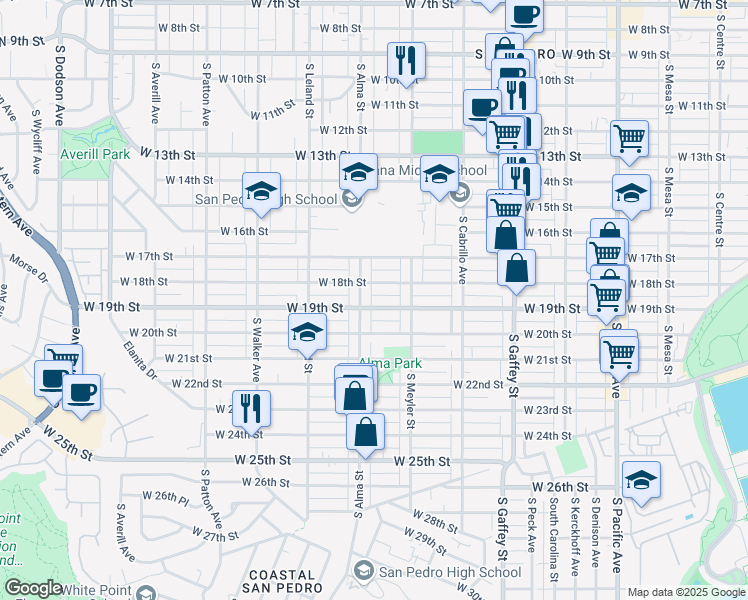 map of restaurants, bars, coffee shops, grocery stores, and more near 970 West 19th Street in Los Angeles