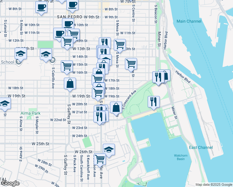 map of restaurants, bars, coffee shops, grocery stores, and more near 1833 South Mesa Street in Los Angeles