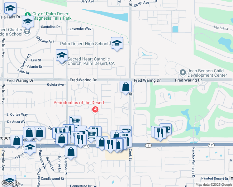 map of restaurants, bars, coffee shops, grocery stores, and more near 44130 Tahoe Circle in Indian Wells