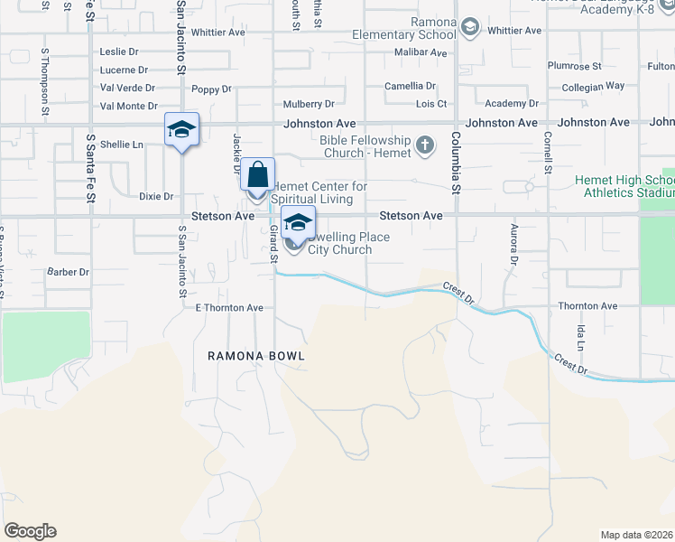 map of restaurants, bars, coffee shops, grocery stores, and more near 40636 Crest Drive in Hemet