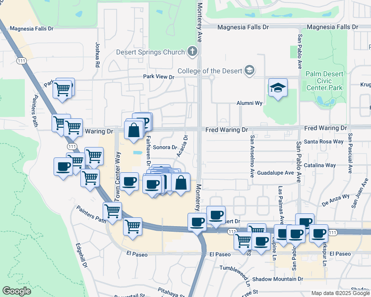 map of restaurants, bars, coffee shops, grocery stores, and more near 44164 Acacia Drive in Palm Desert