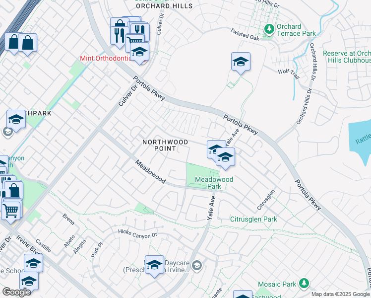 map of restaurants, bars, coffee shops, grocery stores, and more near 46 Straw Flower in Irvine