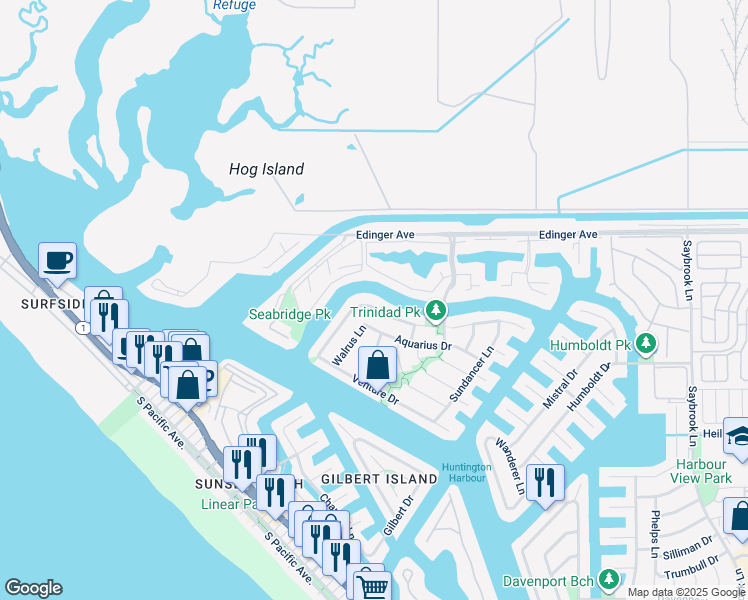 map of restaurants, bars, coffee shops, grocery stores, and more near 3441 Sagamore Drive in Huntington Beach