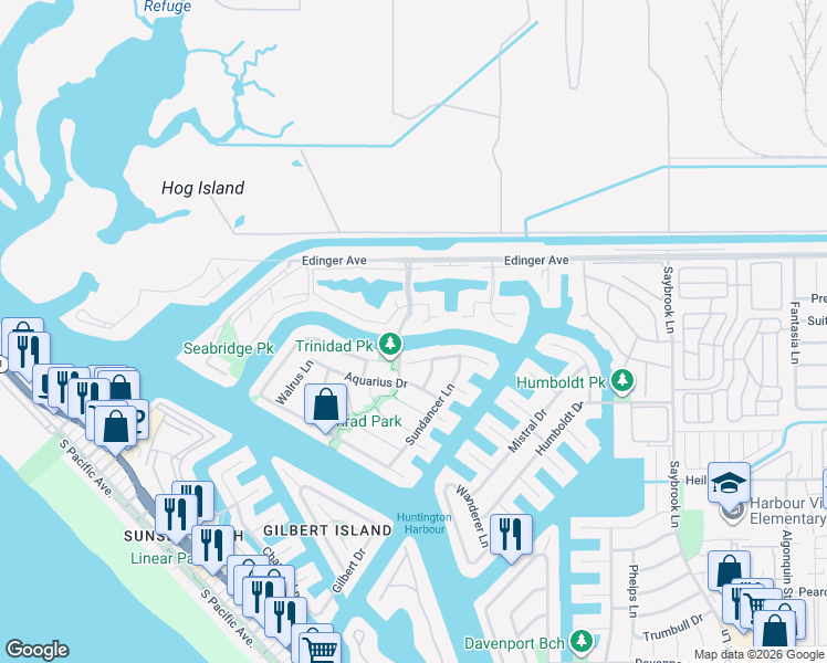 map of restaurants, bars, coffee shops, grocery stores, and more near 16166 Tortola Circle in Huntington Beach