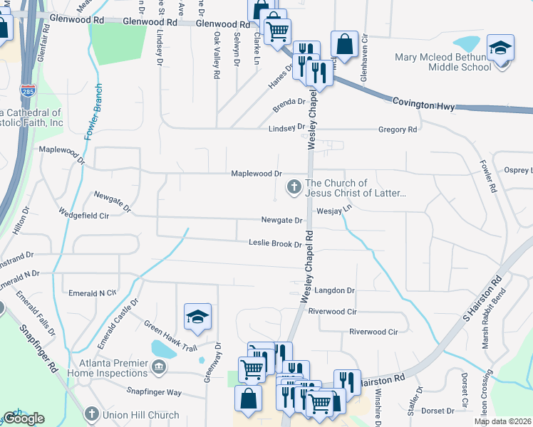 map of restaurants, bars, coffee shops, grocery stores, and more near 2427 Newgate Drive in Decatur