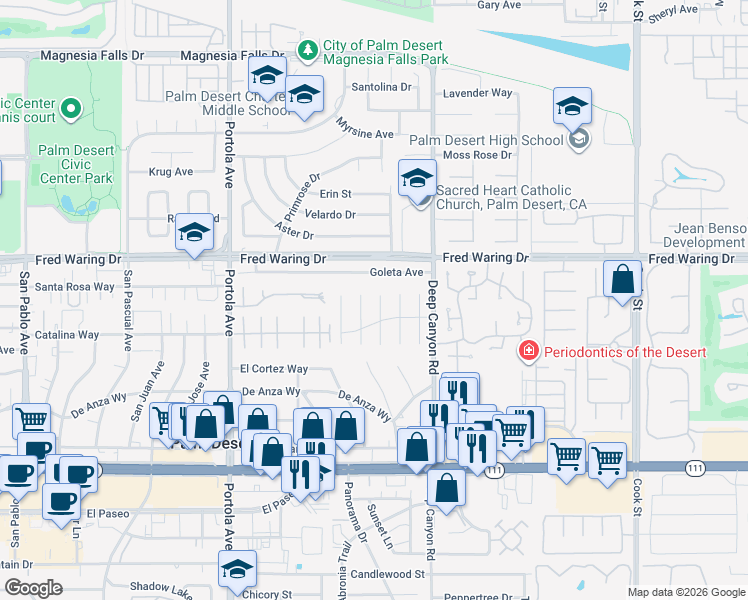 map of restaurants, bars, coffee shops, grocery stores, and more near 44226 Hazel Canyon Lane in Palm Desert