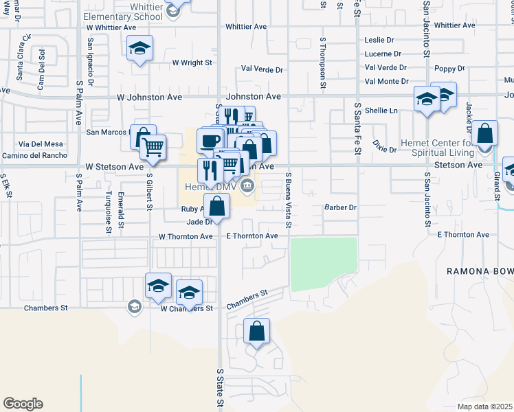 map of restaurants, bars, coffee shops, grocery stores, and more near 300 King Court in Hemet