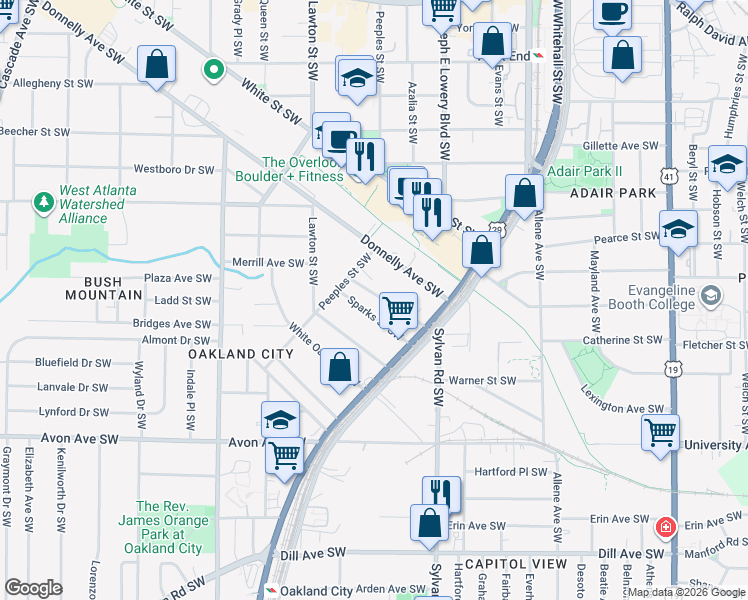 map of restaurants, bars, coffee shops, grocery stores, and more near 991 Dimmock Street Southwest in Atlanta