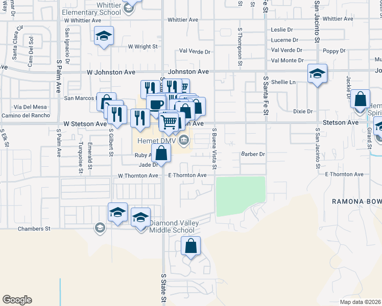 map of restaurants, bars, coffee shops, grocery stores, and more near 300 King Court in Hemet