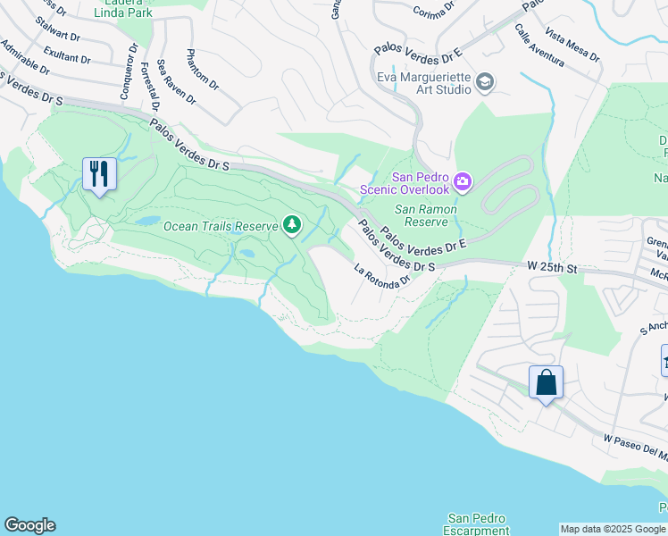 map of restaurants, bars, coffee shops, grocery stores, and more near 3200 La Rotonda Drive in Rancho Palos Verdes