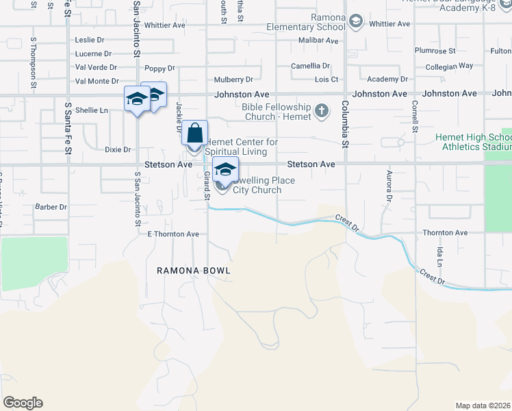 map of restaurants, bars, coffee shops, grocery stores, and more near 40636 Crest Drive in Hemet
