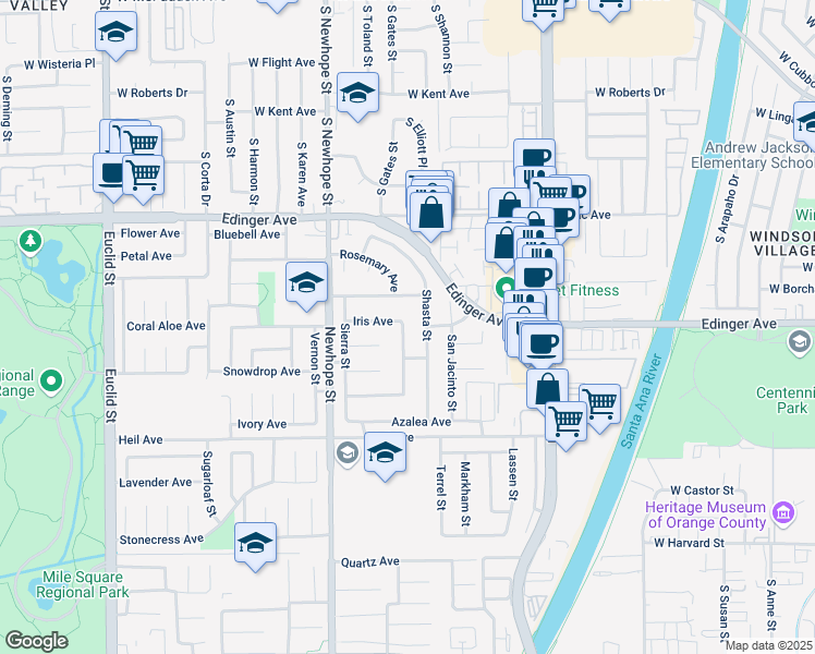 map of restaurants, bars, coffee shops, grocery stores, and more near 16240 San Gabriel Street in Fountain Valley