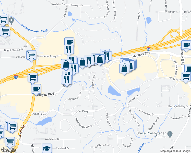 map of restaurants, bars, coffee shops, grocery stores, and more near 6701 Lakewood Drive in Douglasville