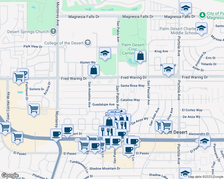 map of restaurants, bars, coffee shops, grocery stores, and more near 73444 San Nicholas Avenue in Palm Desert