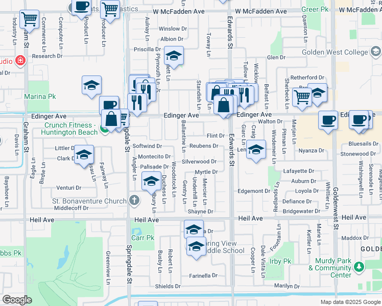 map of restaurants, bars, coffee shops, grocery stores, and more near 16171 Brent Circle in Huntington Beach