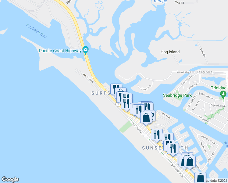 map of restaurants, bars, coffee shops, grocery stores, and more near 16030 Mariner Drive in Huntington Beach