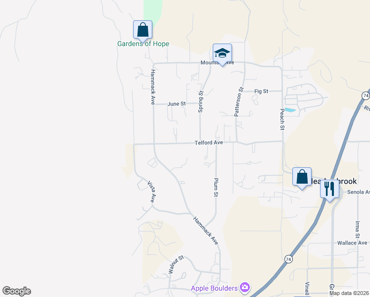 map of restaurants, bars, coffee shops, grocery stores, and more near 20263 Telford Avenue in Perris