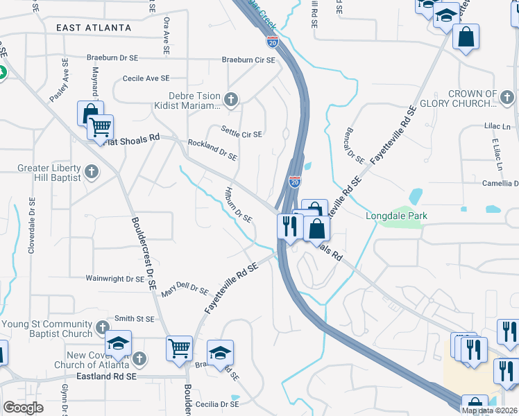 map of restaurants, bars, coffee shops, grocery stores, and more near 1905 Flat Shoals Road Southeast in Atlanta