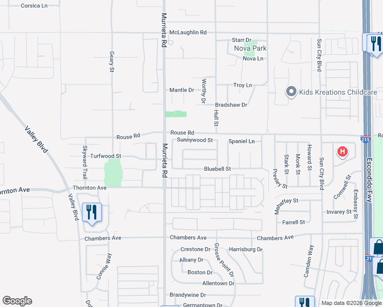 map of restaurants, bars, coffee shops, grocery stores, and more near 26101 Goldenwood Street in Menifee