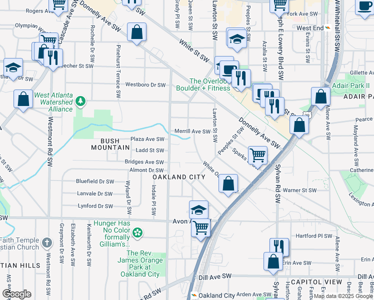 map of restaurants, bars, coffee shops, grocery stores, and more near 1153 Tucker Place Southwest in Atlanta