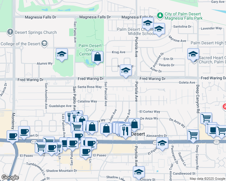 map of restaurants, bars, coffee shops, grocery stores, and more near 73811 Santa Rosa Way in Palm Desert