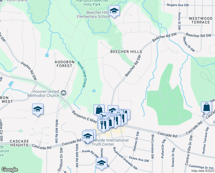 map of restaurants, bars, coffee shops, grocery stores, and more near 1027 Mount Airy Drive Southwest in Atlanta