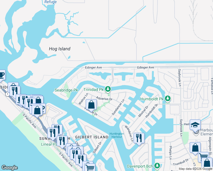 map of restaurants, bars, coffee shops, grocery stores, and more near 3548 Windspun Drive in Huntington Beach