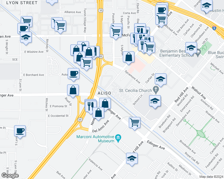 map of restaurants, bars, coffee shops, grocery stores, and more near 1030 Sungold Court in Tustin